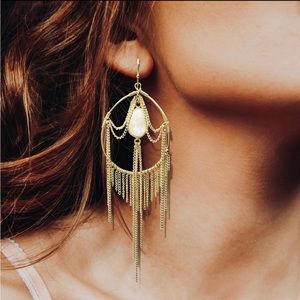 Jill Jacobson gold fringe earrings with Moonstone accents